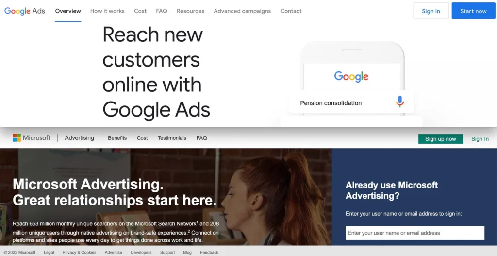 google ads and bing ads sign in pages